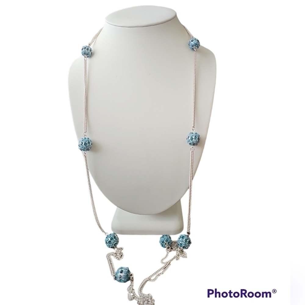 NWT Calvin Klein Long Silver Tone and Blue Rhinestones and Beads Necklace